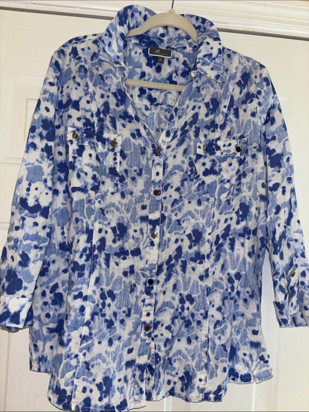 JM Collection Linen Blue and White Printed linen Button-Front Blouse 16